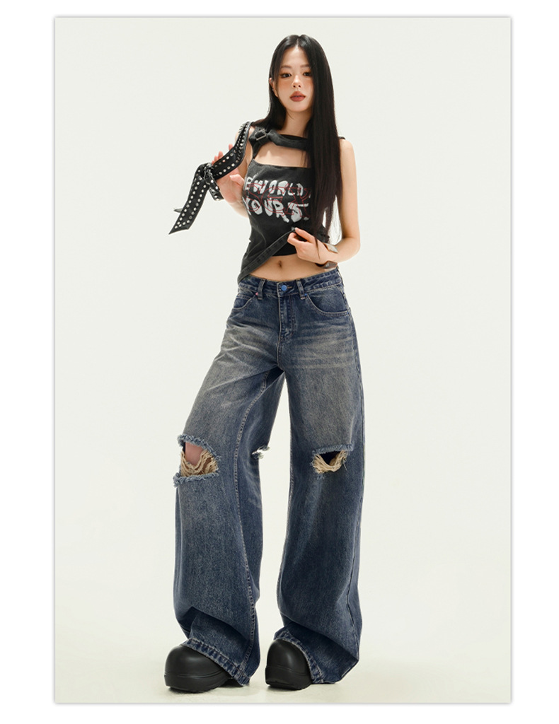 Women's Pocket Print High Waist Wide Leg Pants Summer Loose Slimming Distressed Denim Trousers