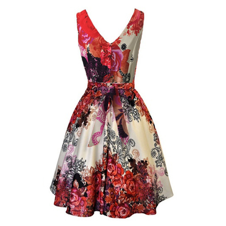 V-Neck Sleeveless High-Rise Flared Vintage Retro Patterned Dress