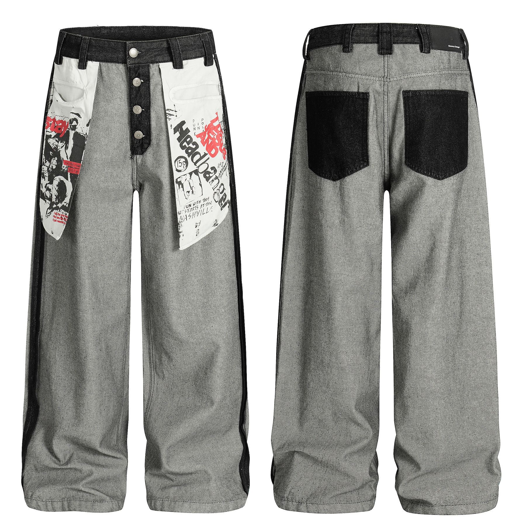 Street Style Printed Deconstructed Asymmetrical Design Loose Fit Unisex Jeans