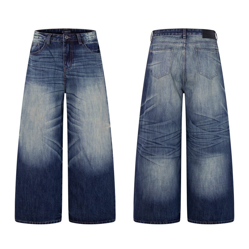 Vintage High-Quality INS Denim Pants Men High Street Washed Gradient Distressed Catwhisker Minimalist Wide-Leg Straight Leg Pants