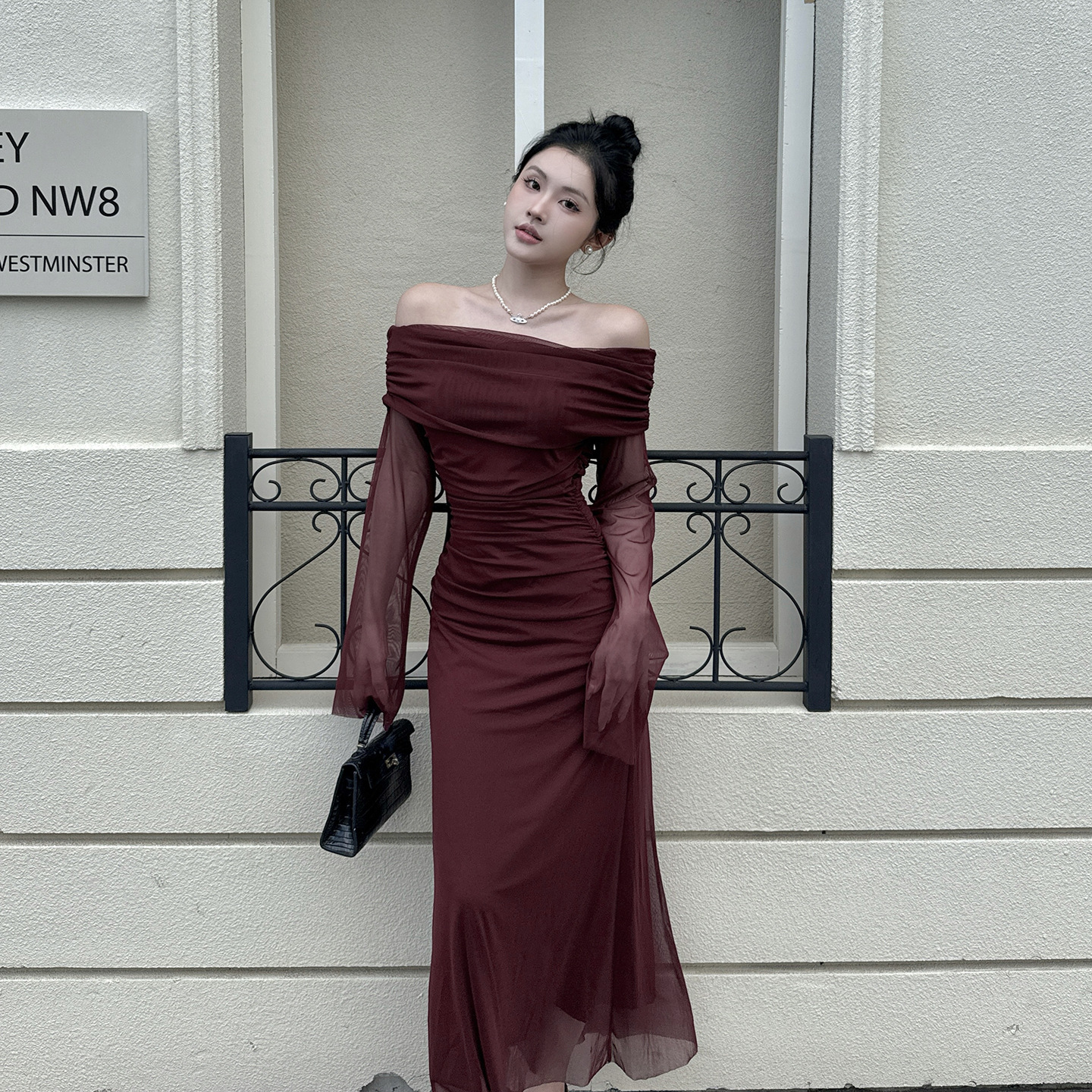 Asymmetric Neckline Three Quarter Sleeve Spandex Pencil Dress
