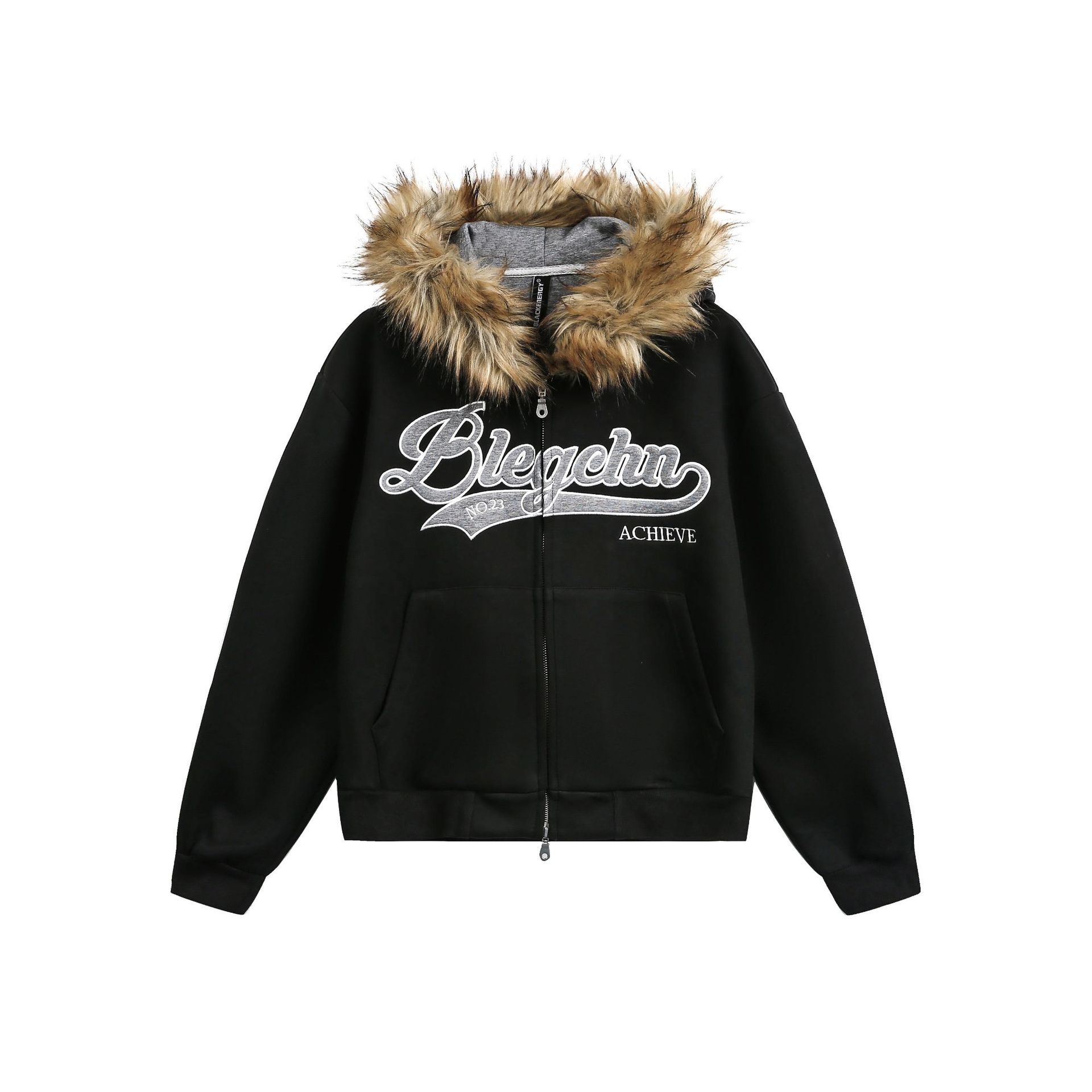Detachable fur collar spliced zipper hoodie