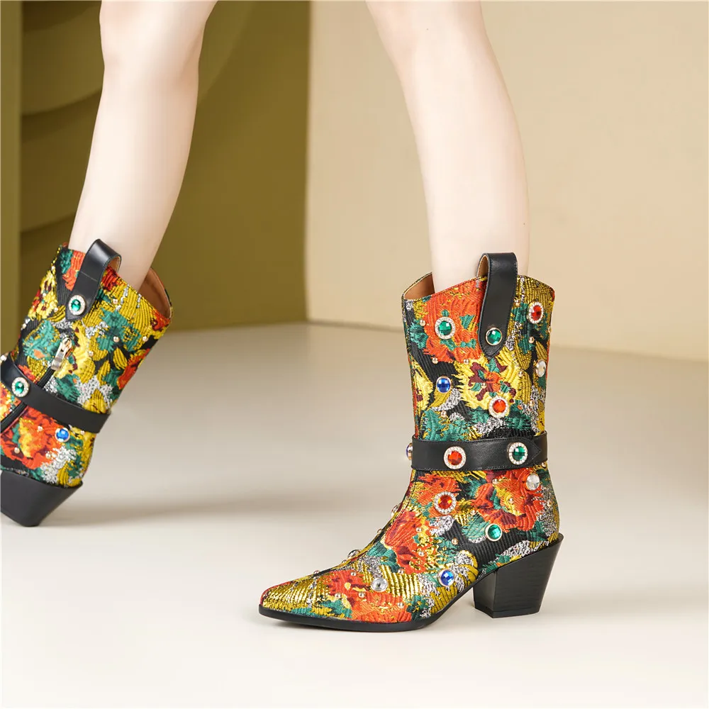 New Arrival Ethnographic Style Women Cow Leather Mid Calf Boots Pointed Toe Thick Heels Crystal