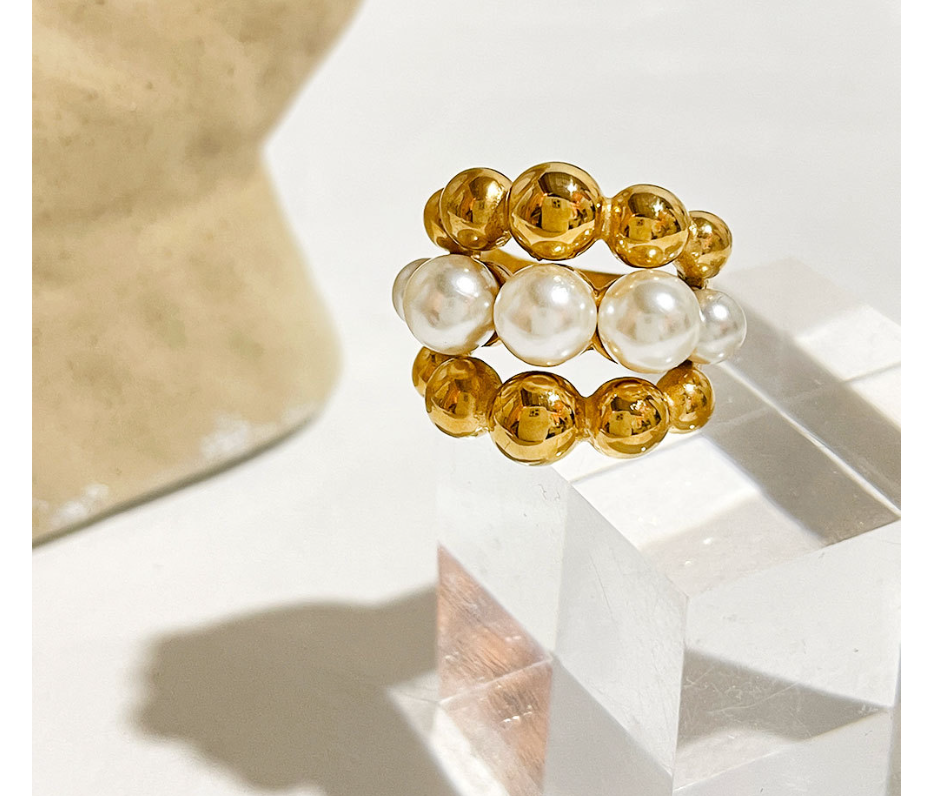 High-grade multi-layer beaded pearl titanium steel ring female retro temperament pearl ring