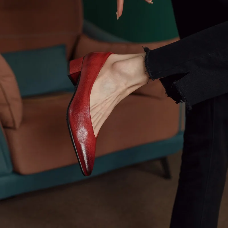 Classic Concise Women Pumps Thick Heels Genuine Leather Office Lady Working Mature Basic Shoes Spring Autumn 34-40