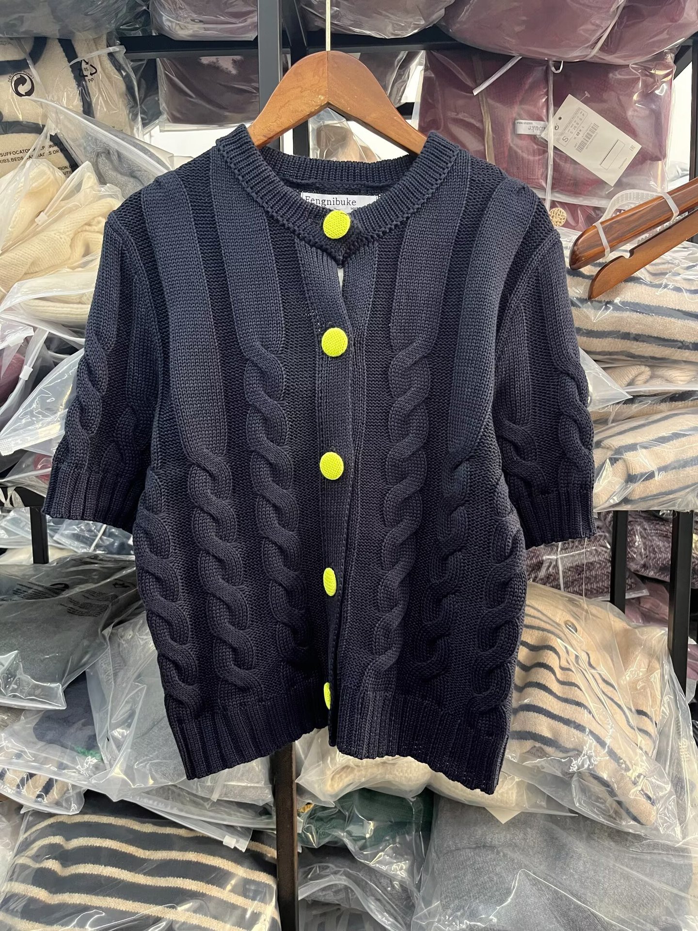 Solid Round Neck Three-Quarter Sleeve Cardigan