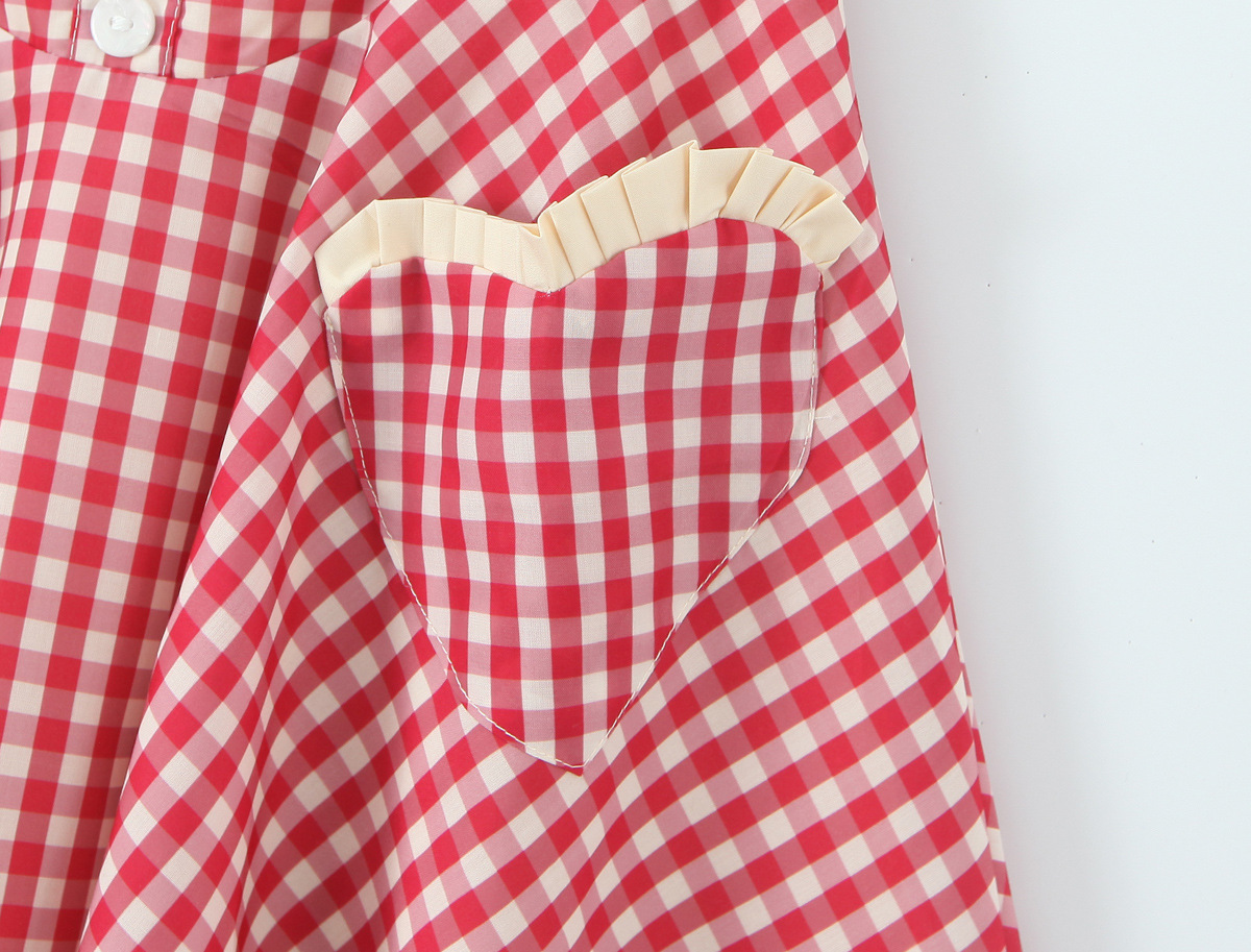 Sweet Red Plaid Single-Breasted Heart Pocket Halter Mini Dress