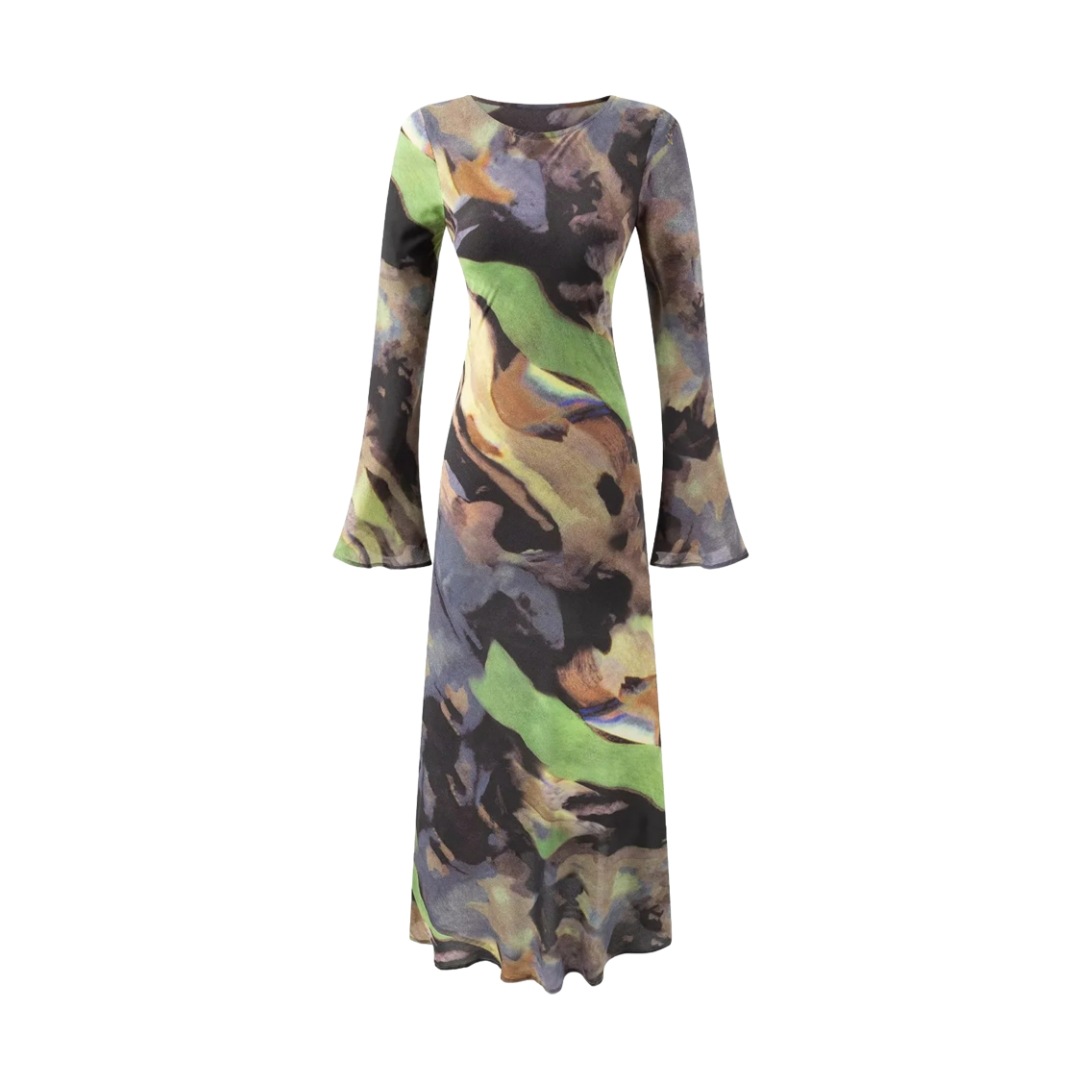 Bell Arm Cinched Bodice Ruched Maxi Polyester Dress