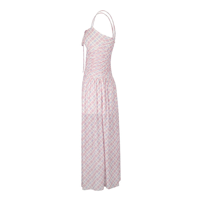 One-Shoulder Checkered Cinched Frill Polyester Dress