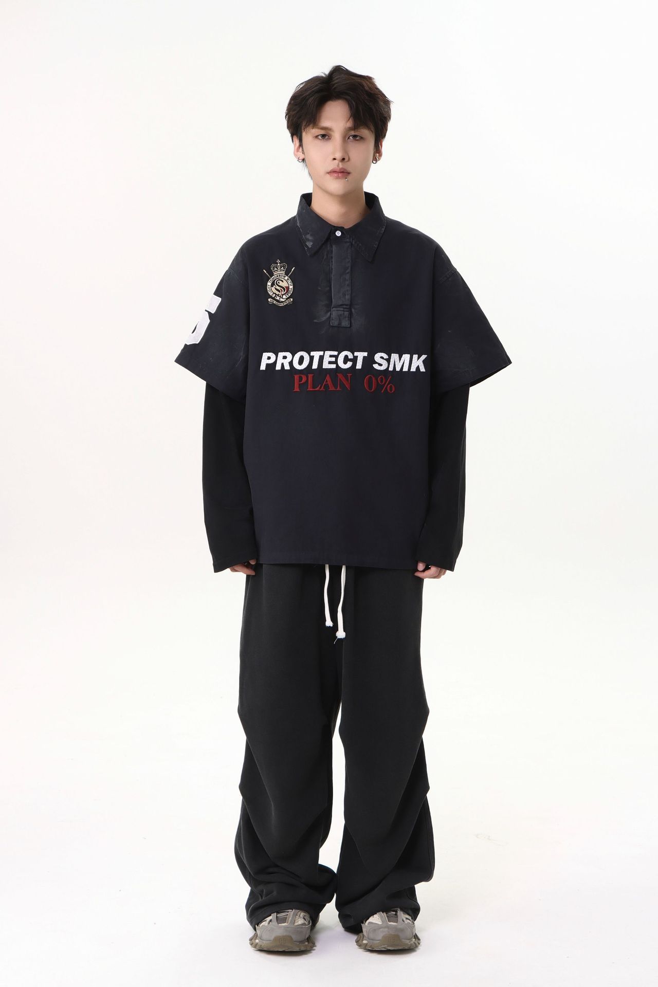 Heavyweight Cotton Long Sleeve Faux-Layered Button-Up Letter Hoodie