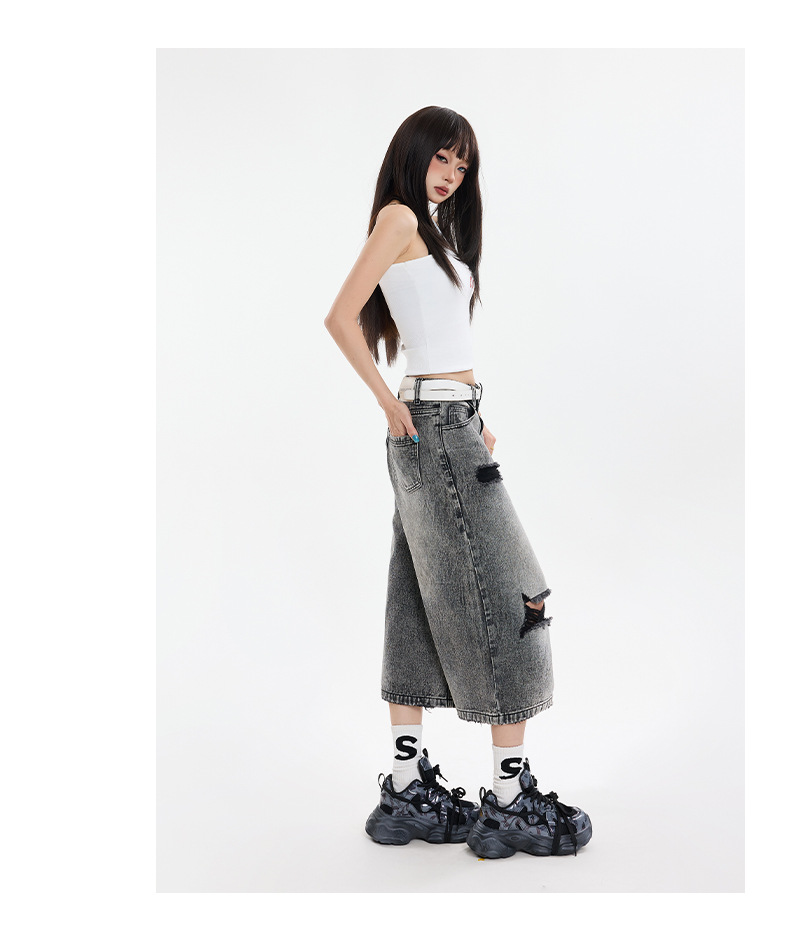 Black Gray Hole Seven-Point Denim Pants Women Vintage Wide-Leg Straight Leg Pants High Street Trendy