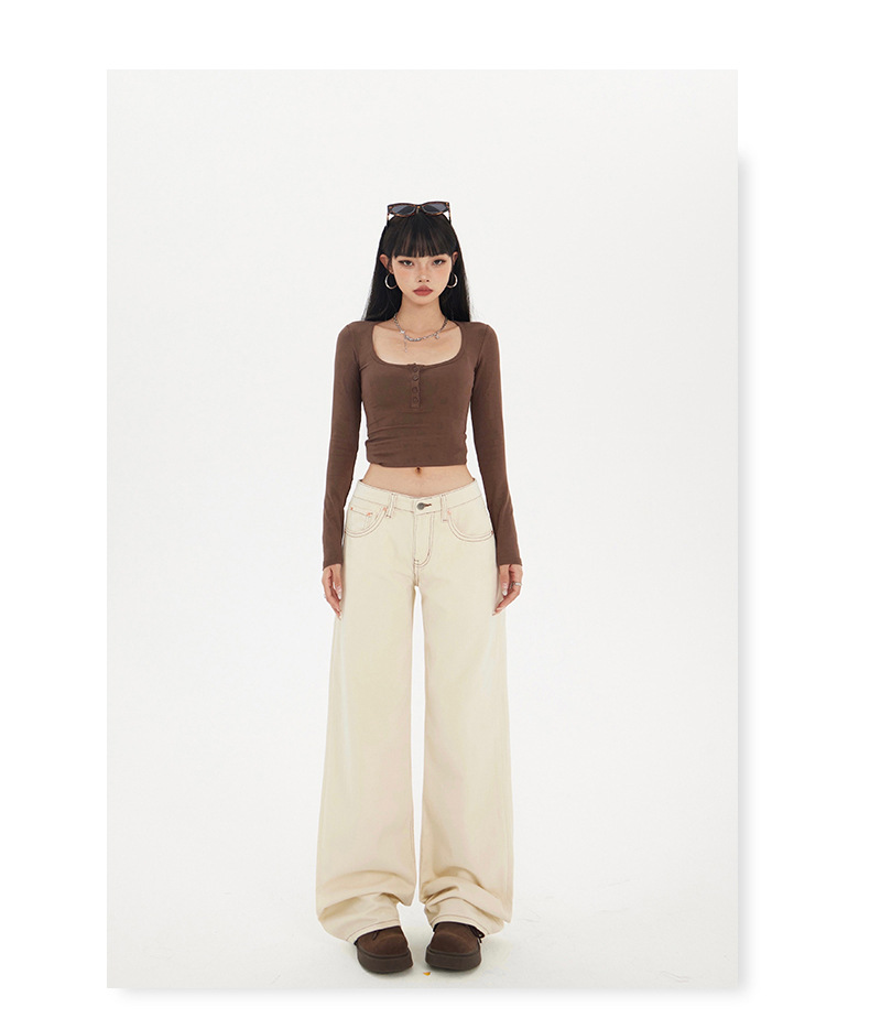 Women's Apricot Wide-Leg Jeans Slimming Versatile Low-Waist Floor-Length Straight Pants