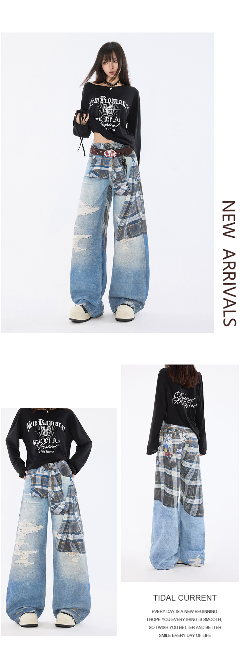 Women's Shirt Belted Printed Denim Pants Straight Leg Trousers Trendy