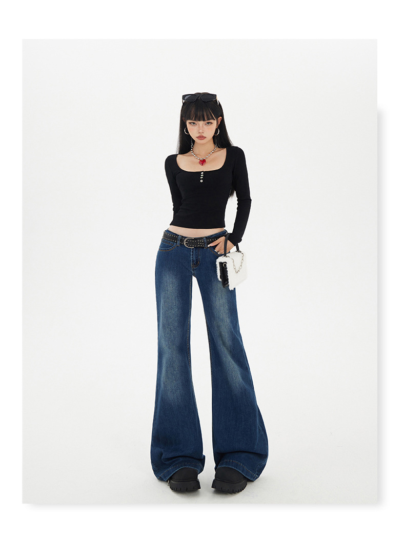Blue Low-Waist Flared Jeans for Women Autumn Casual Versatile Hanging Flared Pants