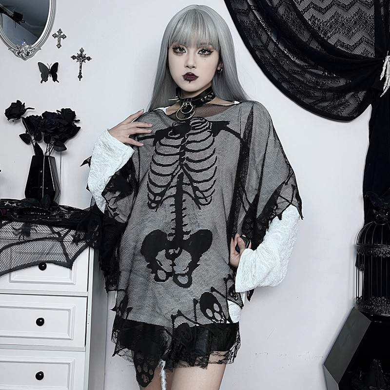 Sexy One-Shoulder Skeleton Print Cape