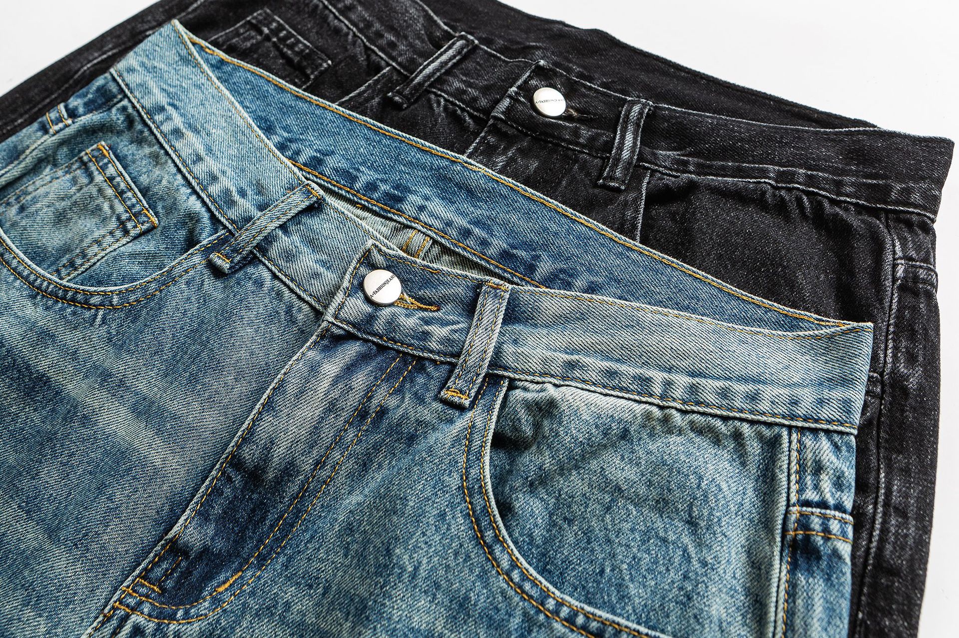 Lightning Crack Pattern Distressed Washed Denim High Waist Zipper Jeans