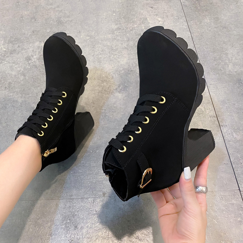 High heels belt buckles thick heels round toe Martin boots for women