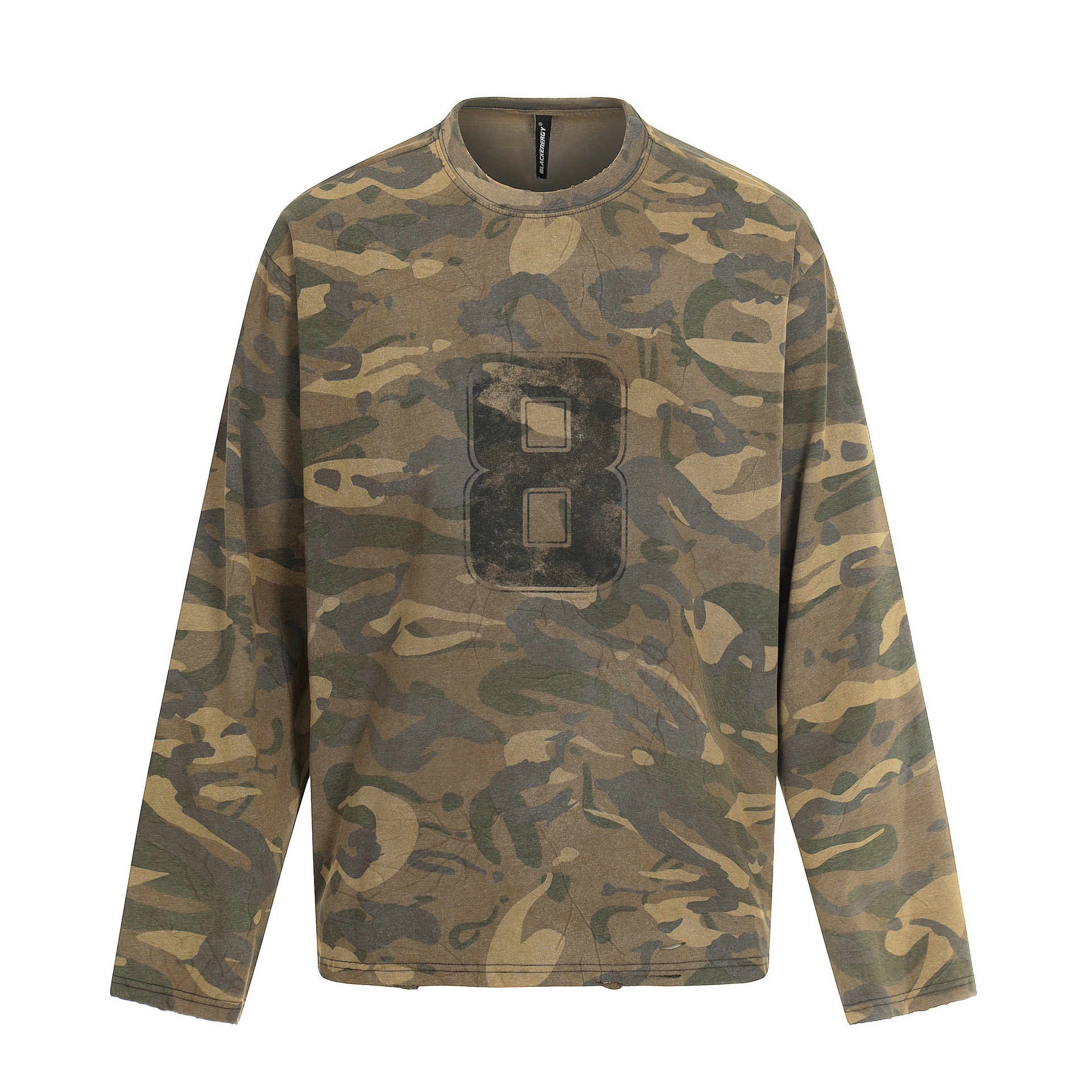 Washed Distressed Small Collar Printed Camouflage Loose Long Sleeve T-Shirt