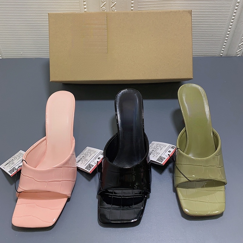 Summer New Women Shoes Square Toe Open Toe Mid-heel Patent Leather Sandals Shaped Thick Heel High-heeled Slippers Designer Shoes