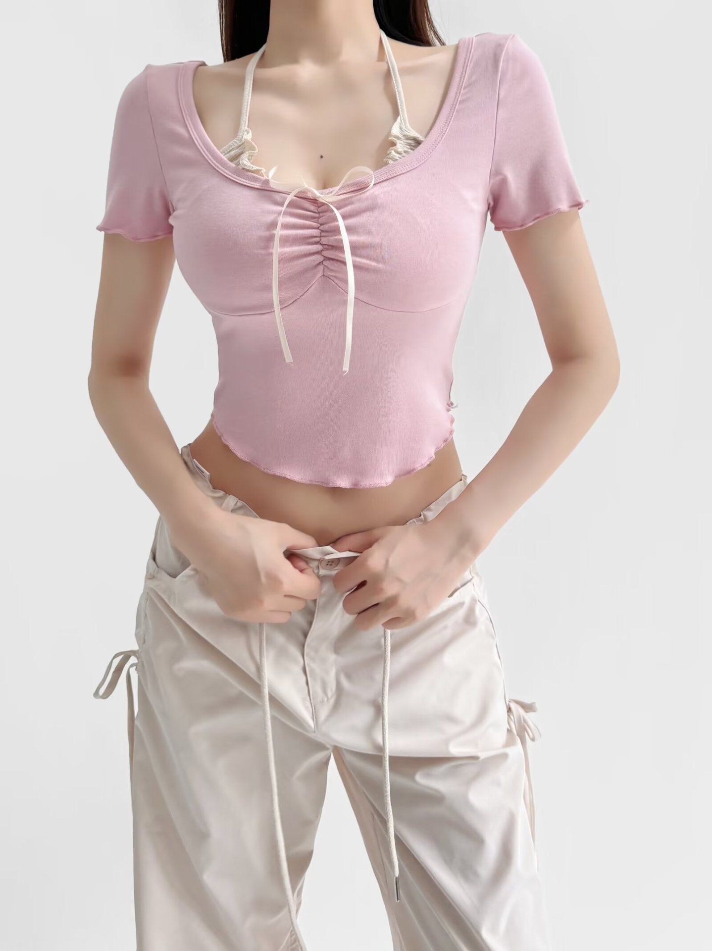Faux Double Knot Short Sleeve Halter Top