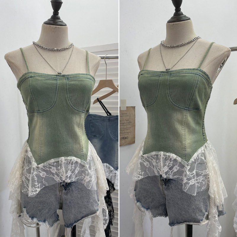 Slim Asymmetric Faded Jean Lacy Panel Fringed Bandeau