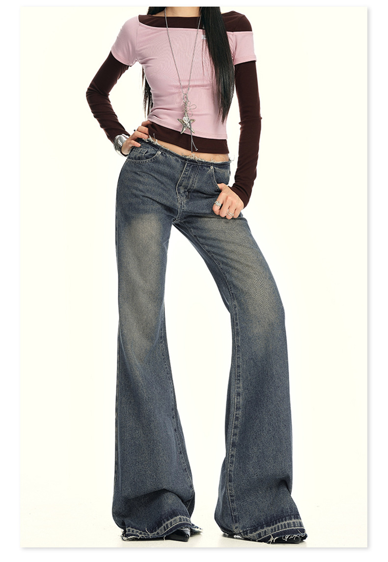 Women's Low Waist Flared Jeans Long Trumpet Pants Non-Skinny Trousers