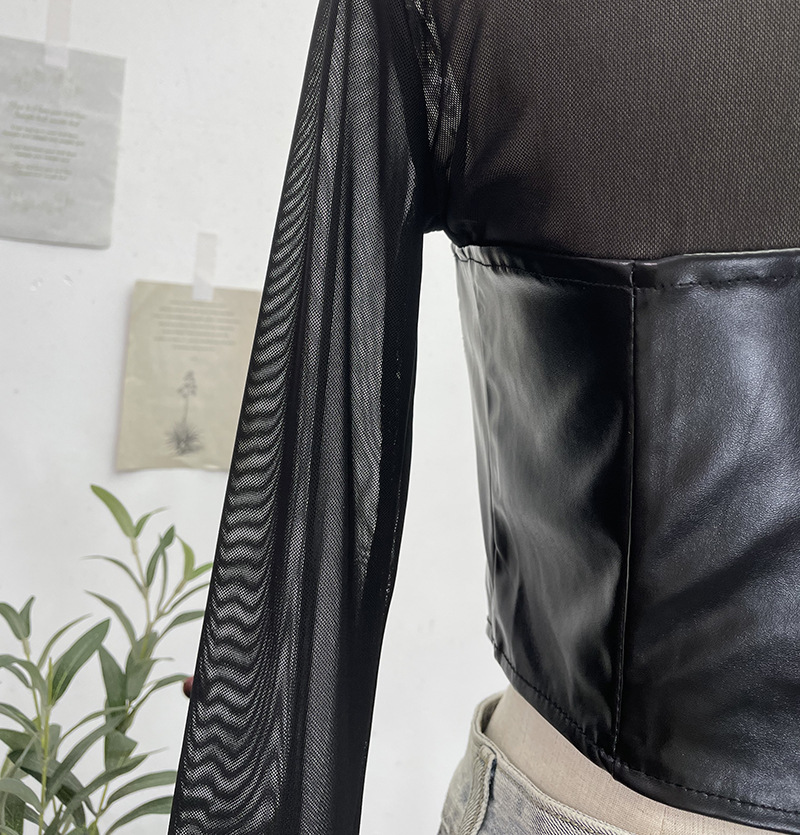Mixed Material Square Neck Full Sleeve T-shirt
