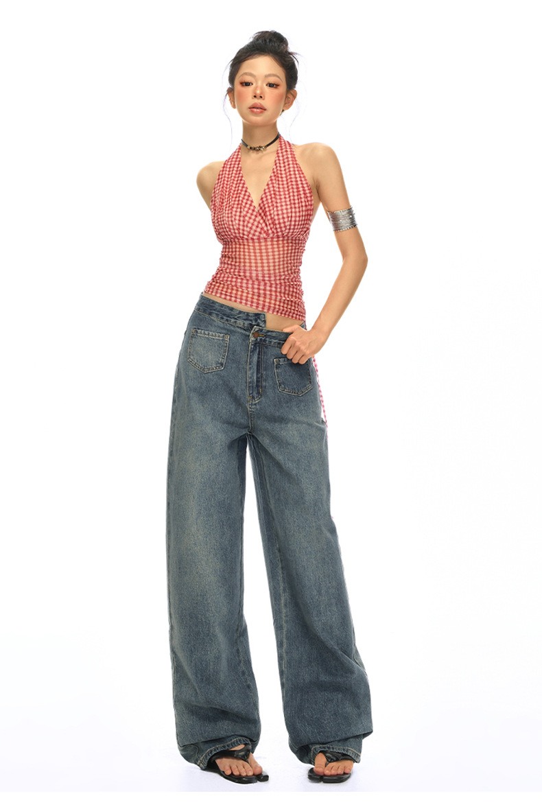 Blue High-Waisted Straight Leg Jeans for Women Loose Wide-Leg Pants Summer