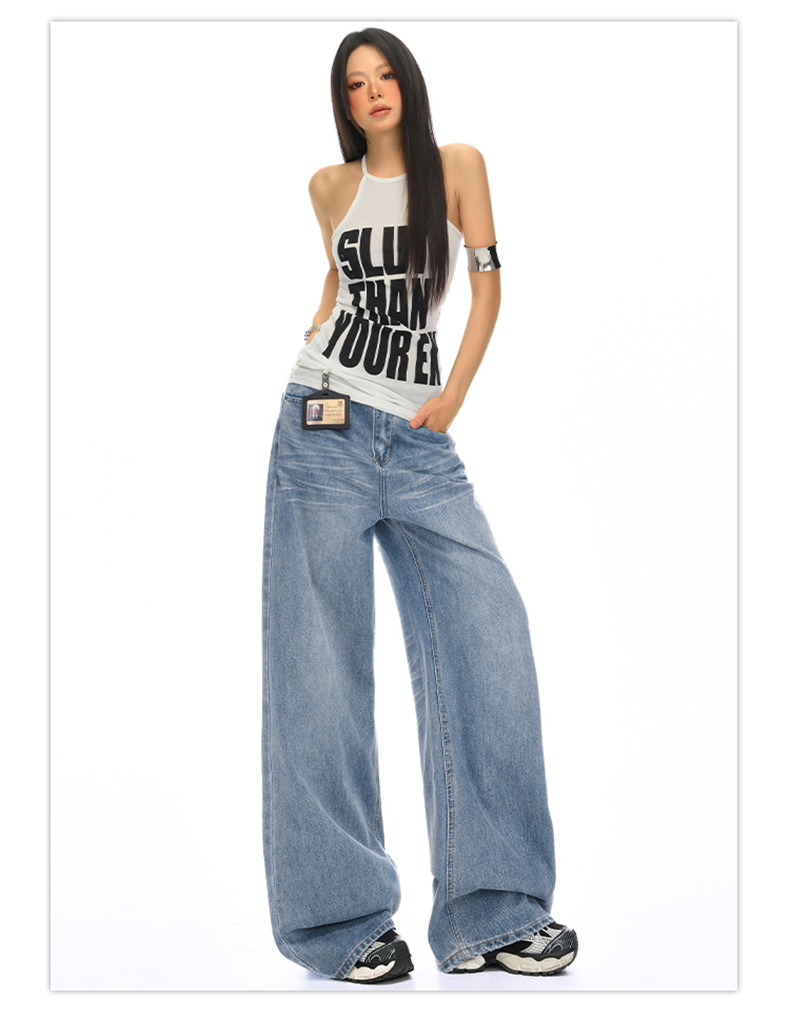 Vintage Washed Crease Wide Leg Pants Women High Waist Loose Slimming Drape Denim Pants Summer New Style