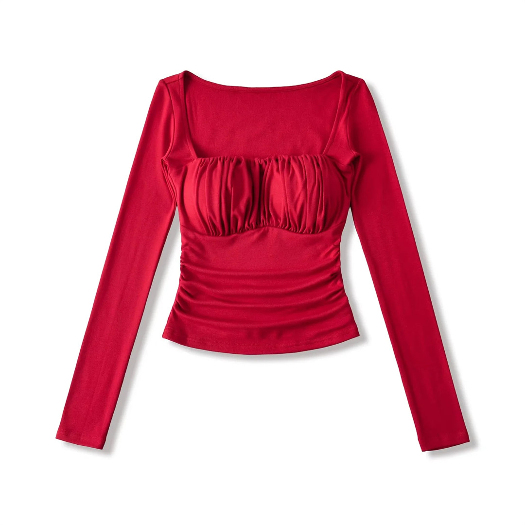 Spicy Wrist-Length Collarbone Cutout Structured Frill Fitted Tee