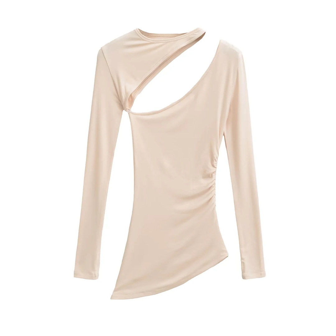 Irregular Collar Slim Removable Strap Full Arm Top