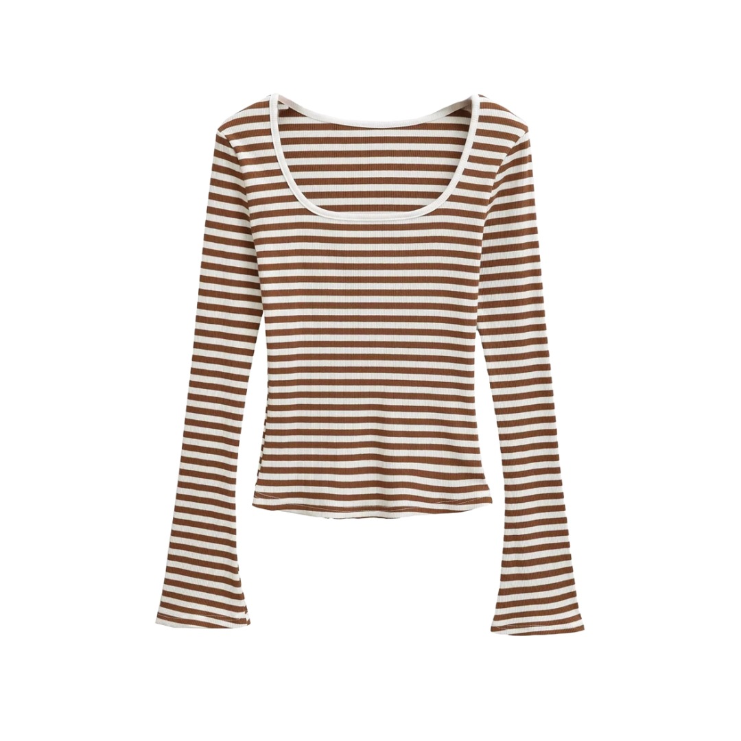 Flirty Boxy Neckline Arm-Length Striped Body