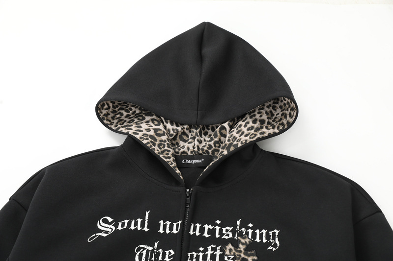Crop Cheetah Stitch Panel Hood Jacket