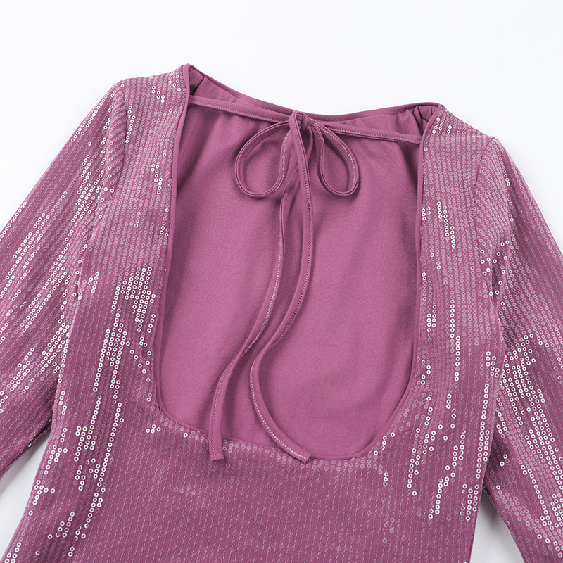 Sparkly Open Back Bodycon Full Sleeve Mini Dress