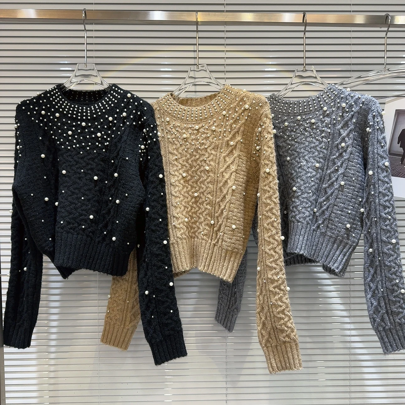 Ladies Beaded Mesh Crew Sweater