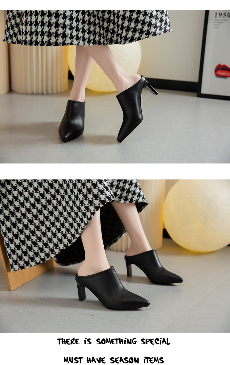 Retro stiletto pointed toe mules for women summer outer wear half slippers