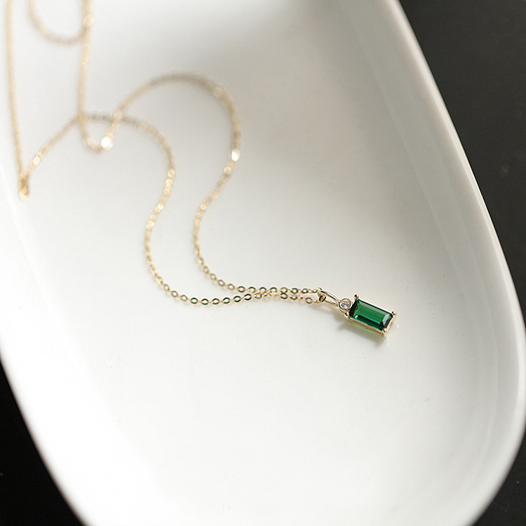 925 Sterling Silver 14K Gold Plated Emerald Green Mini Rectangle Zircon Necklace Female Korean Style Pendant Necklace