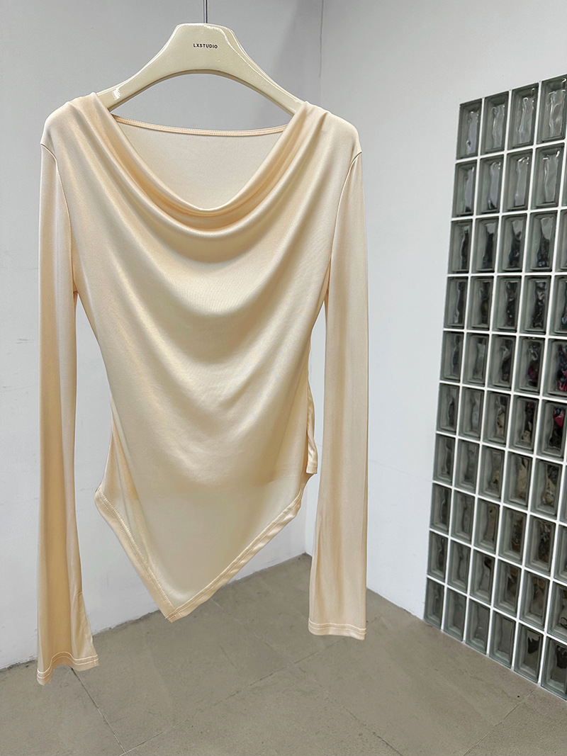 Women Slim Solid Cowl Neck Elongated Sleeve Tee