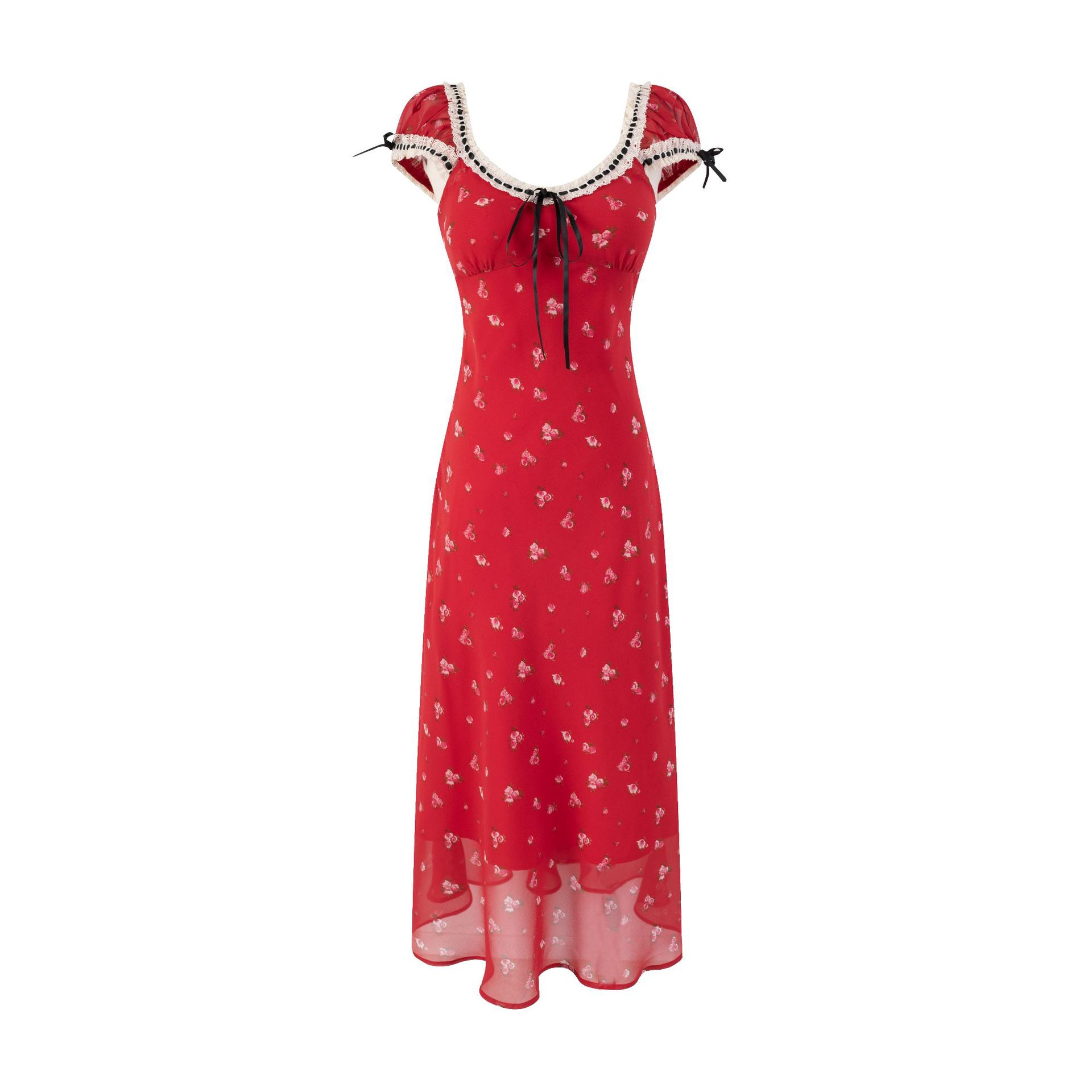 Cherry Red Printed Retro Charm Fitted Skirt Dress