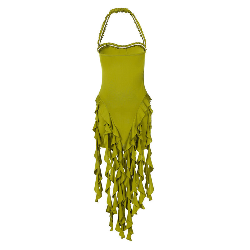 Tie-Neck Fringe Fitted Evening Dress
