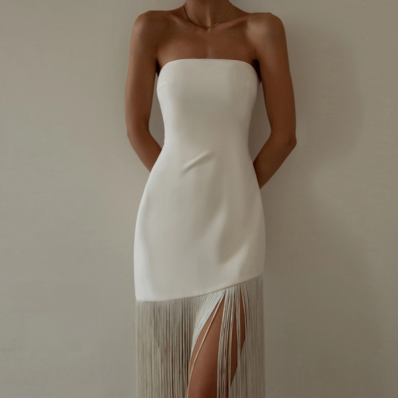 Bodycon Bandeau Fringe Side Split Midi Dress