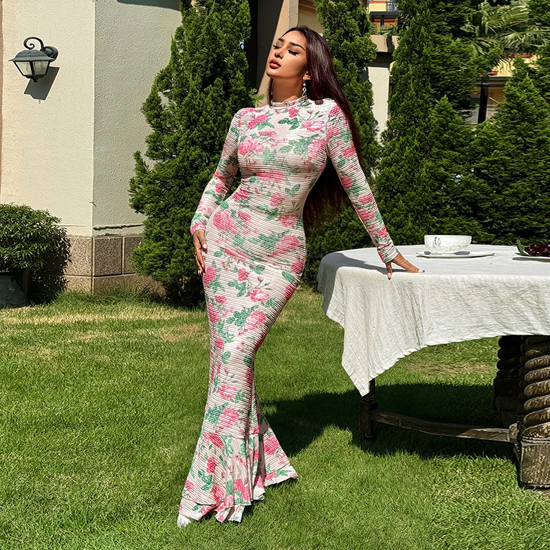 Fitted Maxi Patterned Mock Neck Full-Sleeve Dress