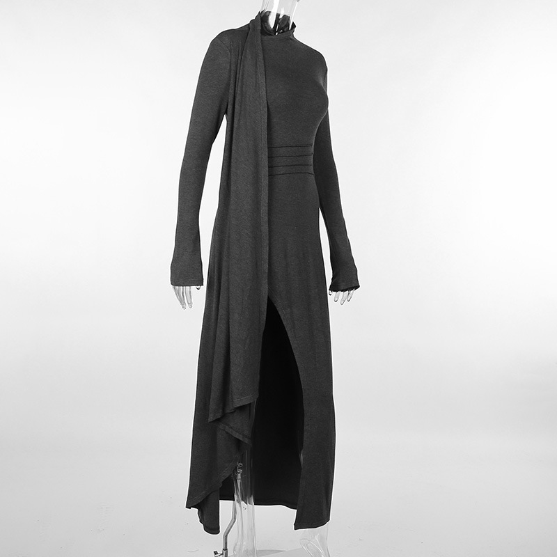 Mock Neck Full Sleeve Slit Fitted Dress