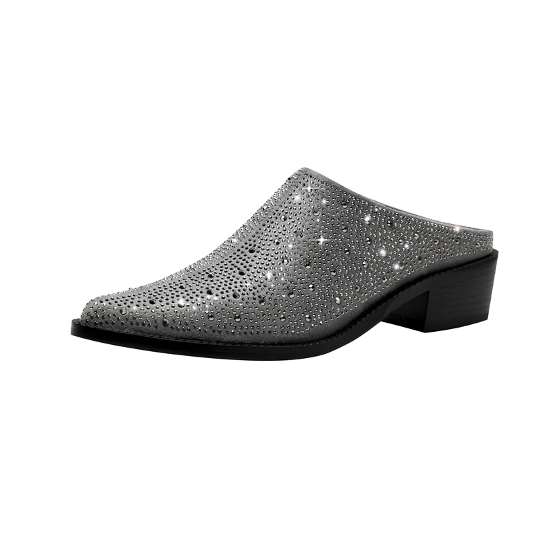 Ladies Tapered Toe Chunky Suede Crystal Mules