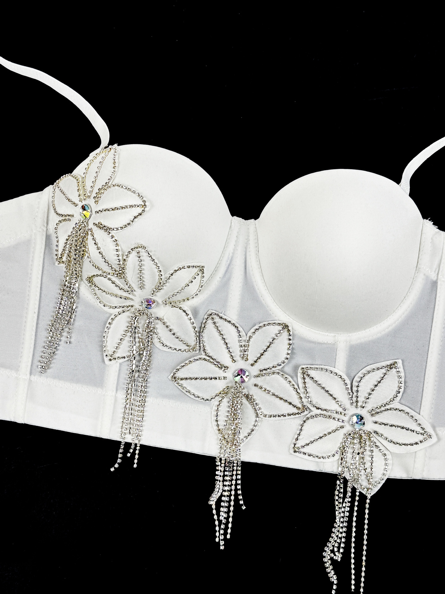 Floral Rhinestone Chain Tassel Boned Bustier Heavy Embroidery Fitted Strapless Camisole Outerwear Sexy Boned Top