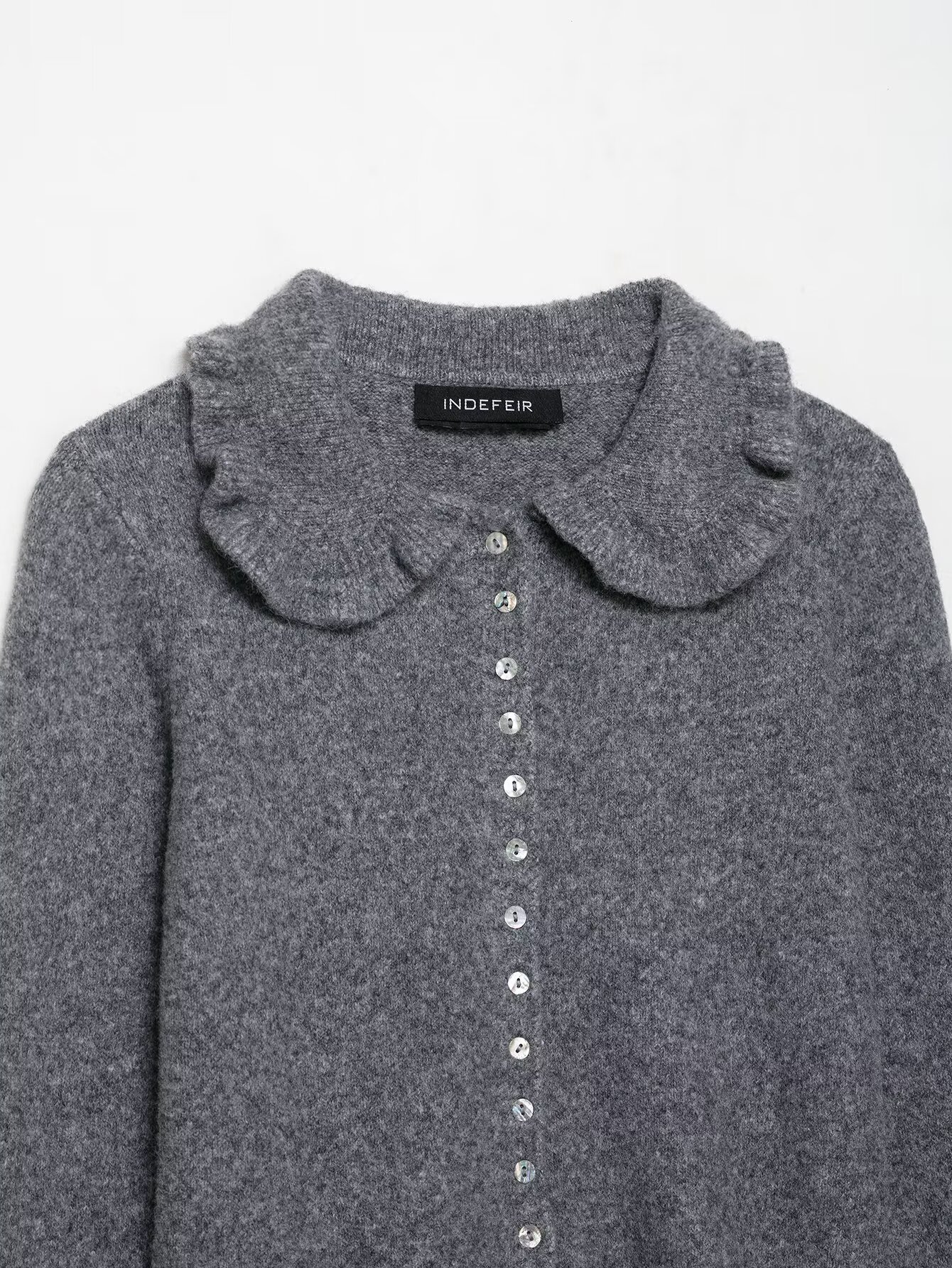 Ladies Charcoal Ruffle One-Button Flip Collar Sweater