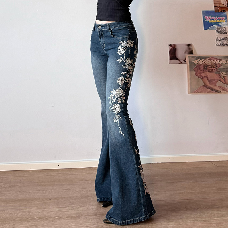 Rose embroidery retro gradient niche spicy jeans