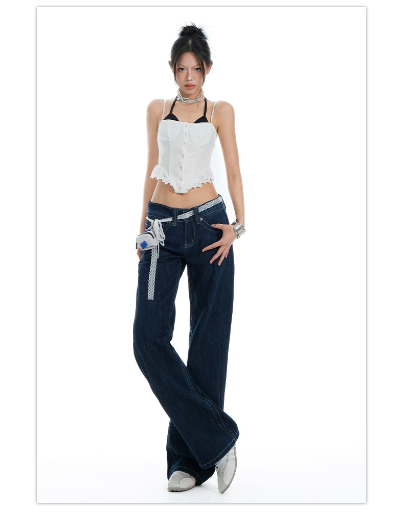 Women's Original Color Straight Leg Jeans Low Waist Slim Wide Leg Long Pants