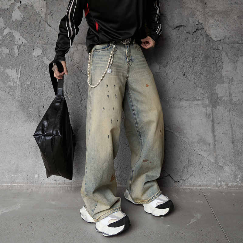 Streetwear Hip-hop Fashion Design Spray Painted Knife Pants for Men Loose Versatile Washed Distressed Denim Jeans