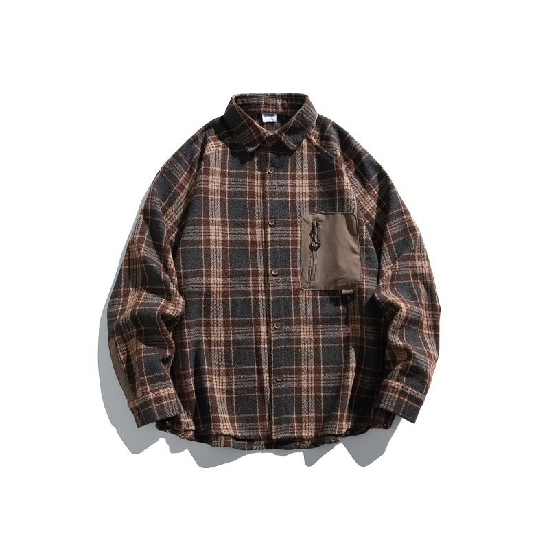 Oversized Contrast Plaid Zip Pouch Full-Sleeved Shirt